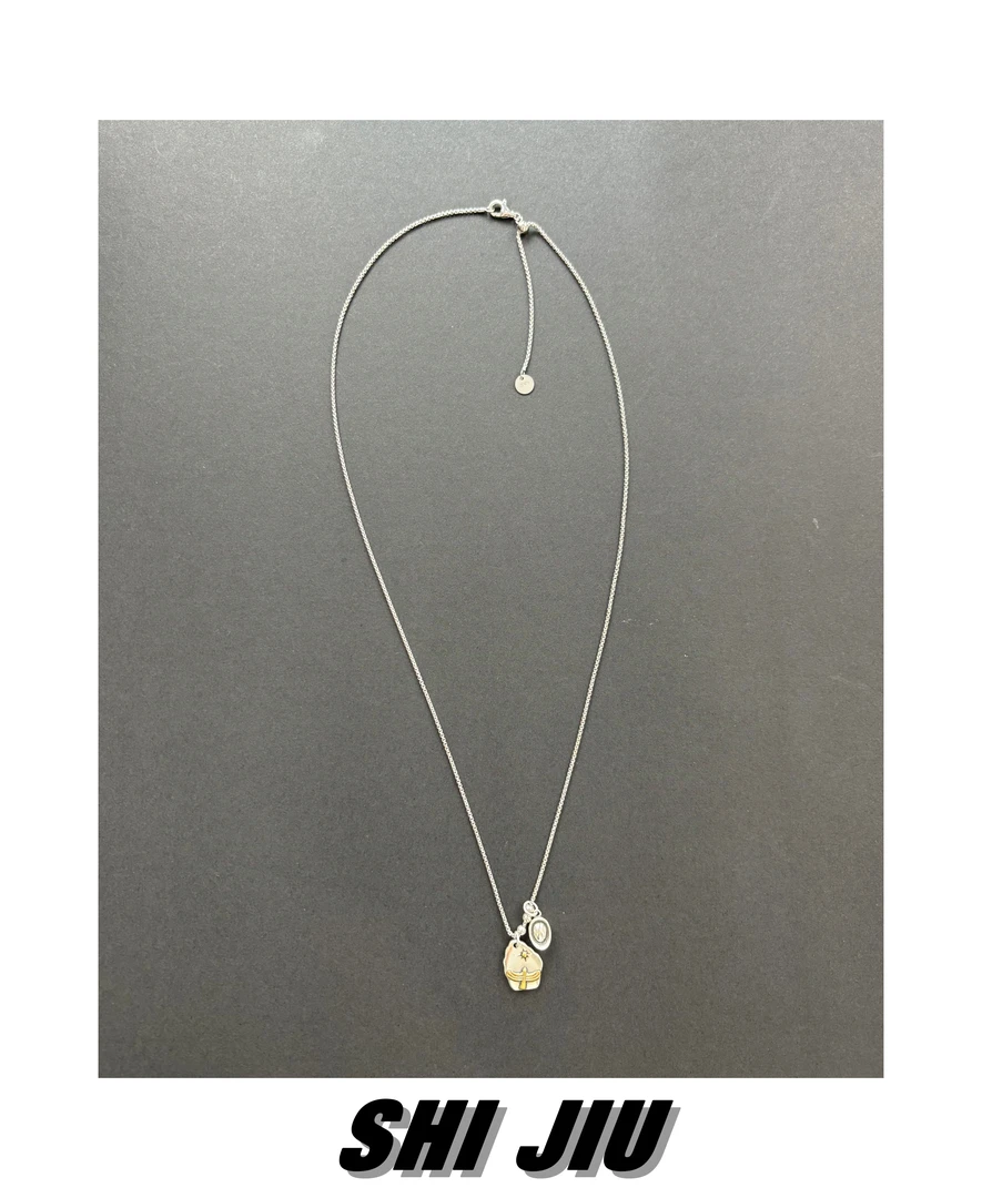 坠链均925银 纯银复古做旧元宝双吊坠项链