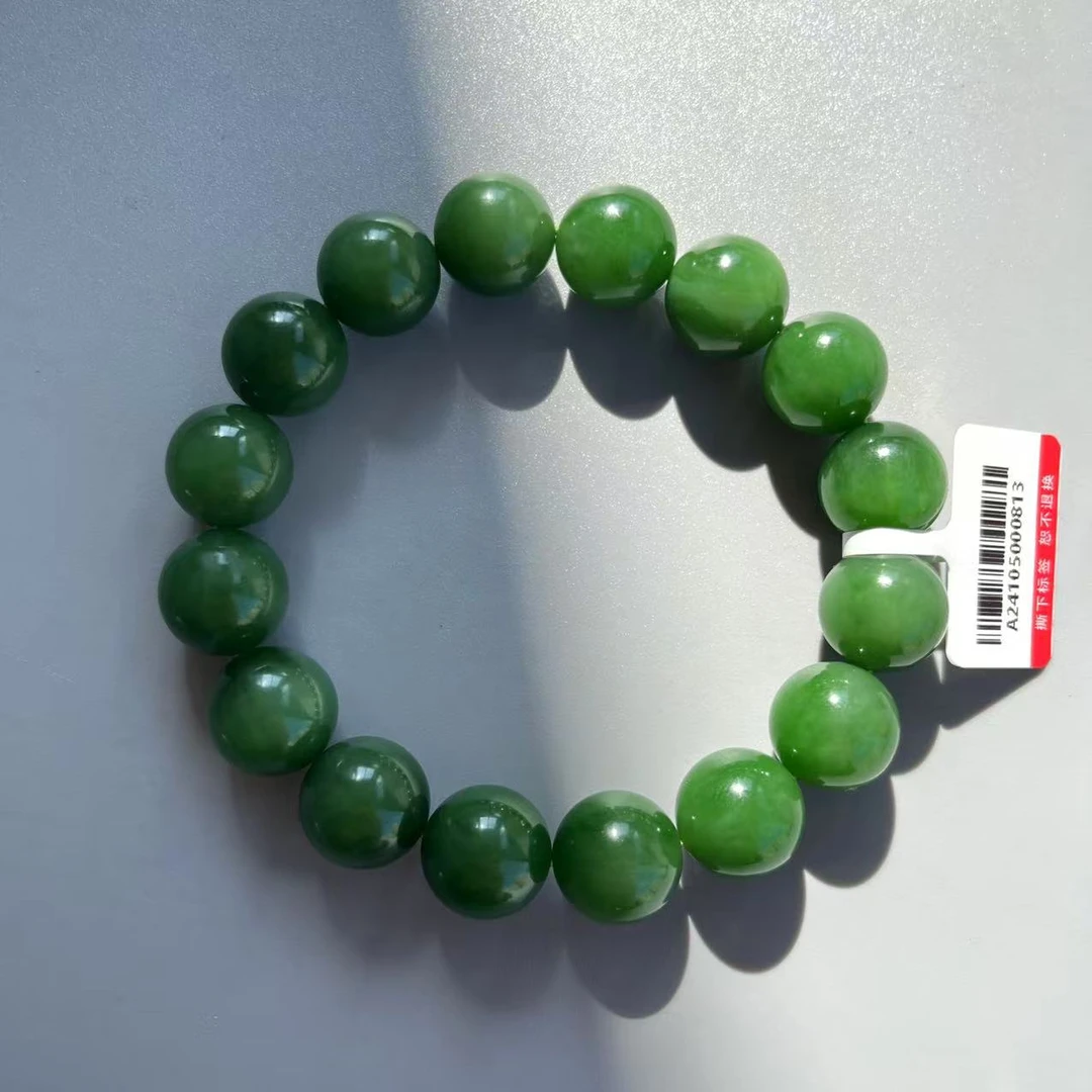 【壹仟熹珠宝】天然和田碧玉 卡13MM 16珠辣阳绿手串（七号矿）