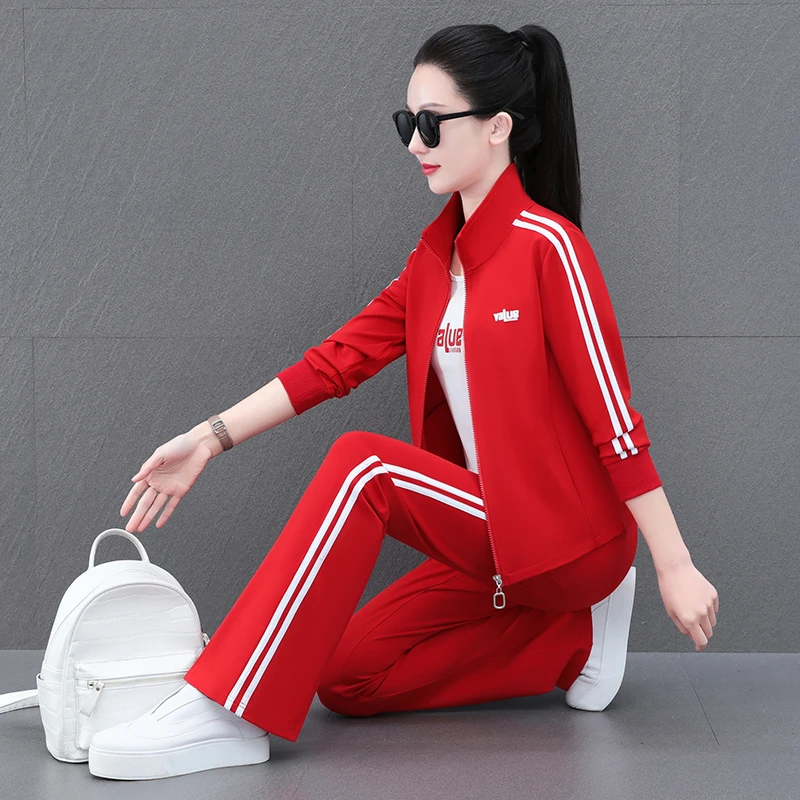 运动套装女春秋季2024新款时尚红色运动服跑步宽松洋气卫衣三件套
