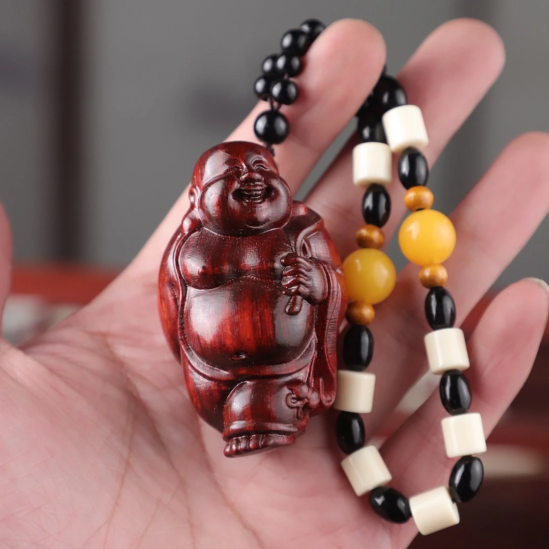 小叶紫檀木雕刻财神爷实木手把件弥勒佛吊坠挂随身盘玩家居挂件