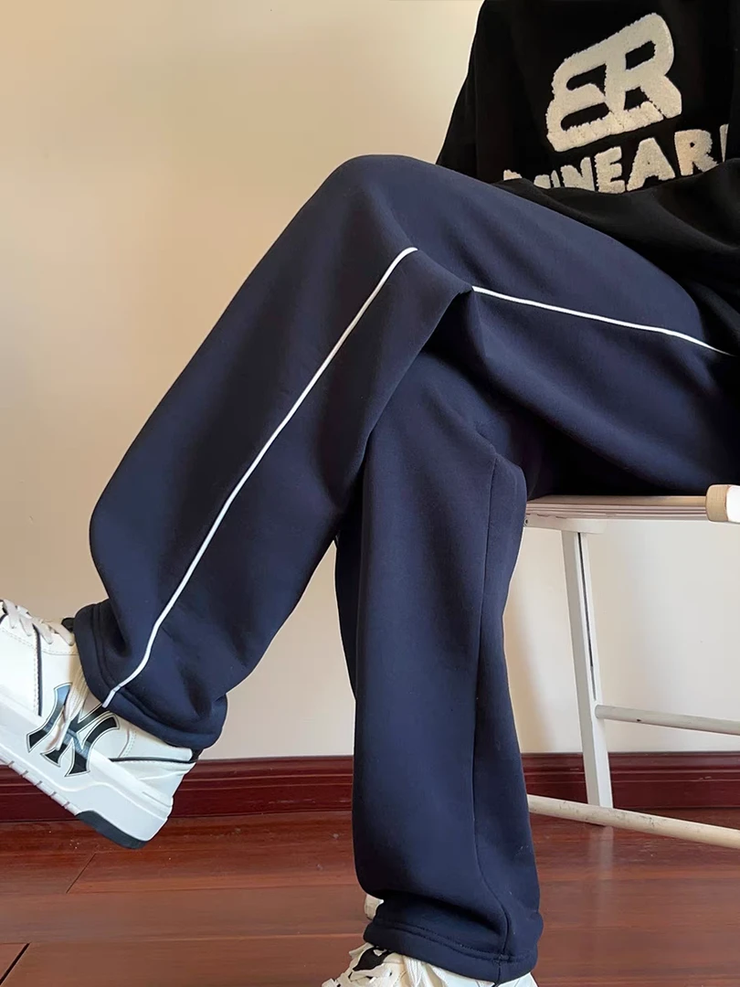 细白条百搭卫裤外穿冰丝裤直筒白色宽松长裤阔腿裤子垂感秋季显瘦