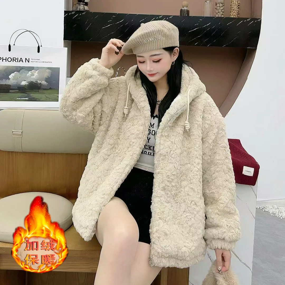 【升级加厚双面绒】2024冬季新款洋气时尚百搭加绒连帽子毛毛衣外套