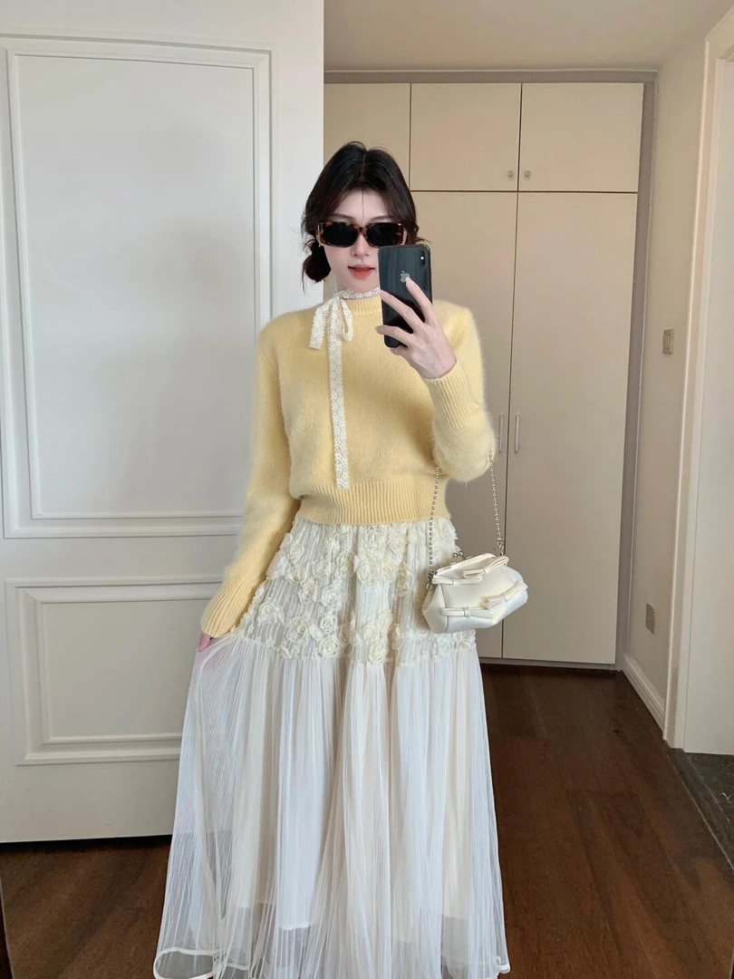 温柔风软糯长袖针织毛衣超仙网纱半身长裙女秋冬新款时尚套装女装