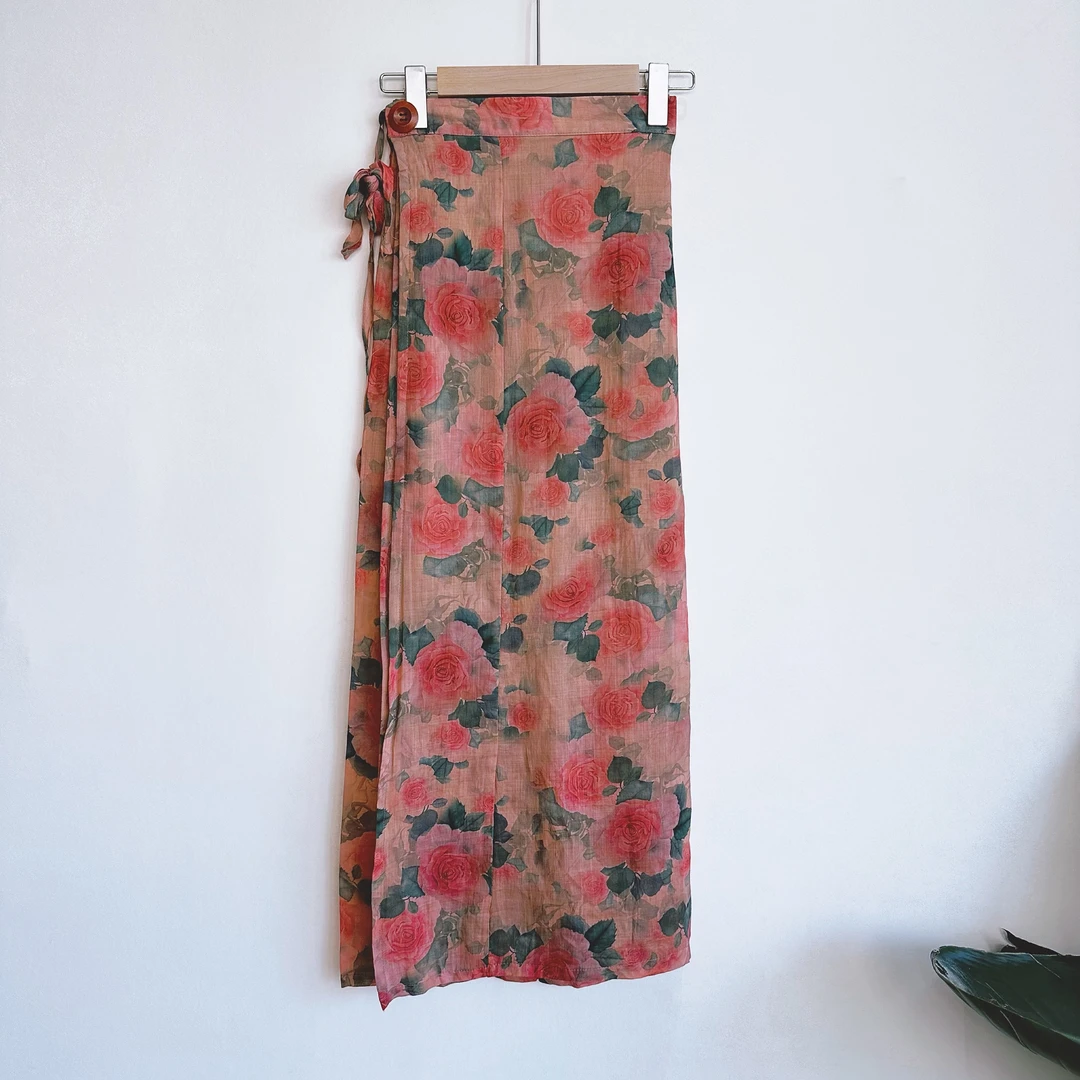 【繁花】夏季新款复古小众新中式一片式双层苎麻印花裹裙裙