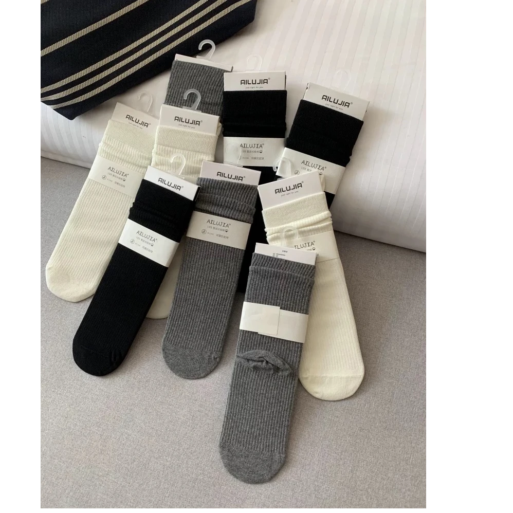 欧洲站网红百搭光板纯色文艺风透气中筒袜长筒袜时尚百搭女美腿袜