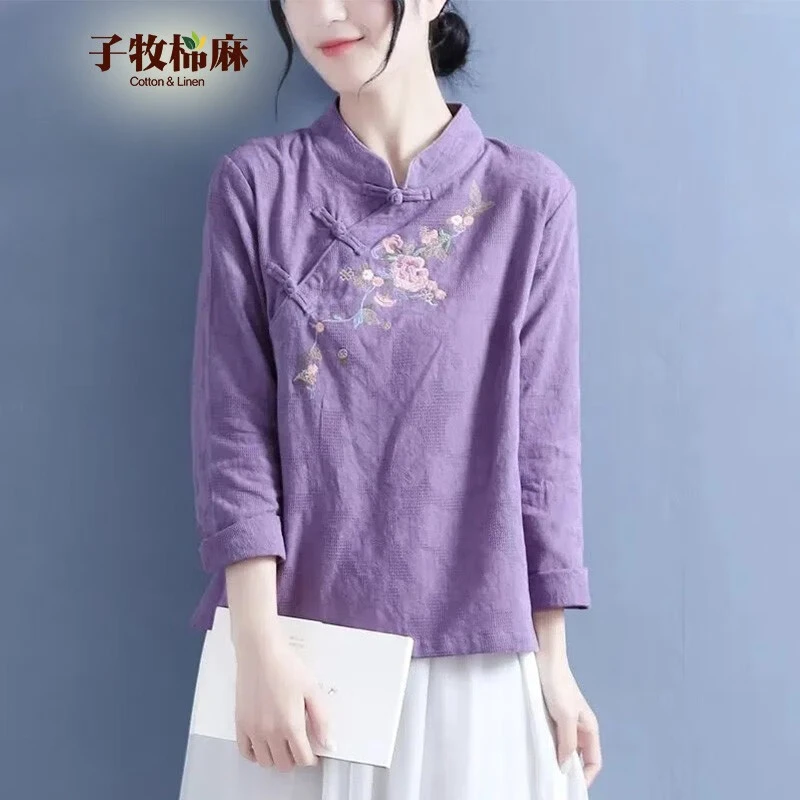 子牧棉麻2023春装 女中国风立领盘扣绣花长袖文艺复古衬衫0414