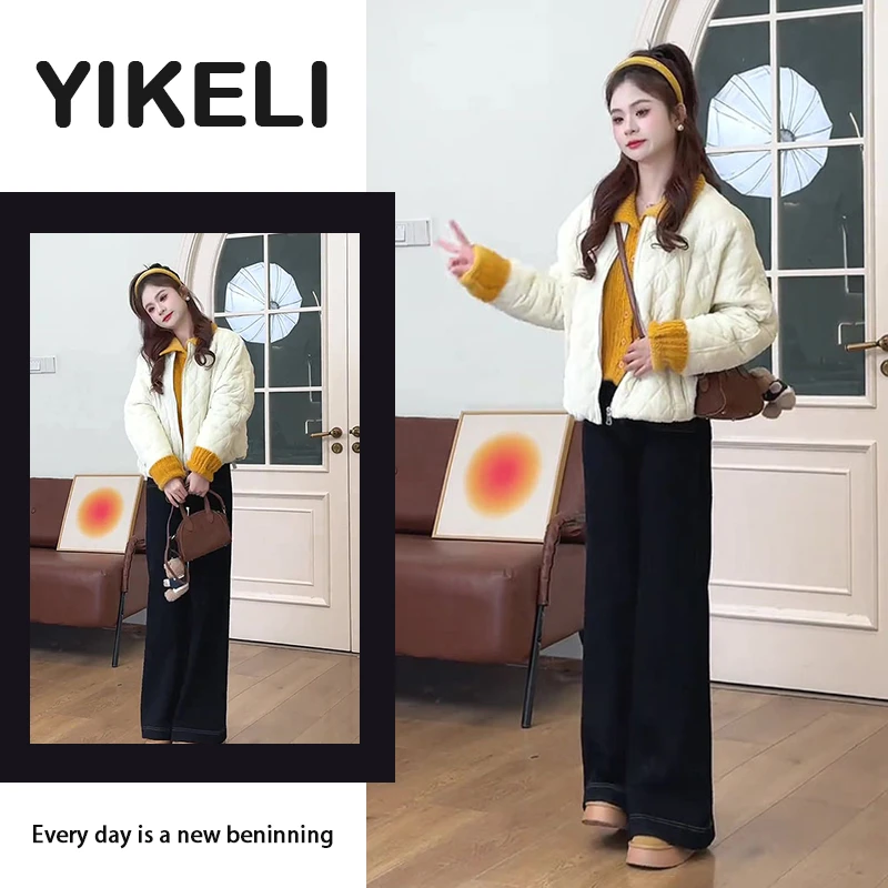 2024秋冬新款韩版时髦减龄针织毛衣保暖棉服外套高腰牛仔裤三件套