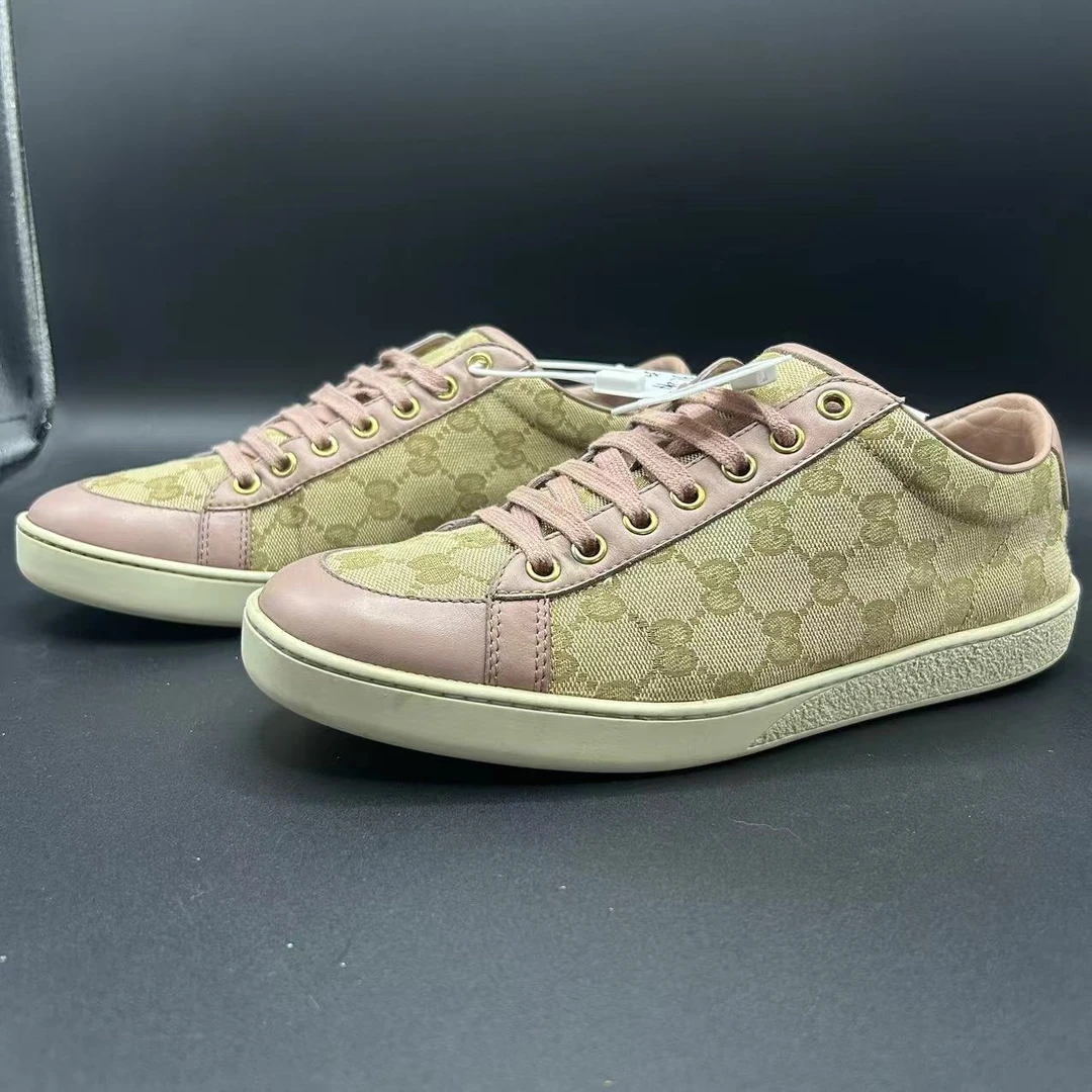 【GL特惠】GUCCI经典棕粉色满印花休闲板鞋39欧码  正品保证gl294