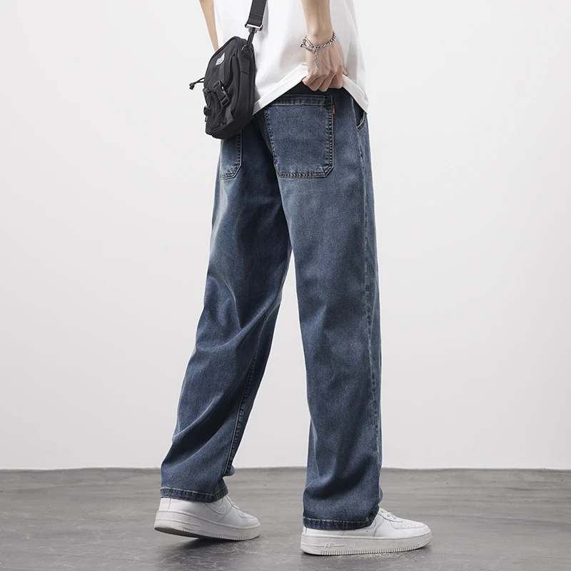 夏季薄款潮流牛仔裤潮牌直筒宽松男士冰丝垂感阔腿裤休闲长裤子