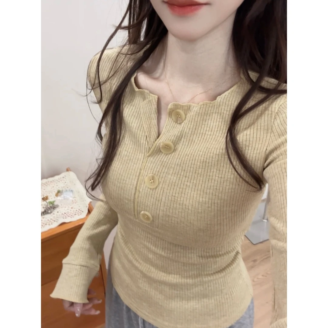 【半糖】黄色V领长袖针织衫女早秋气质百搭短款内搭打底衫上衣