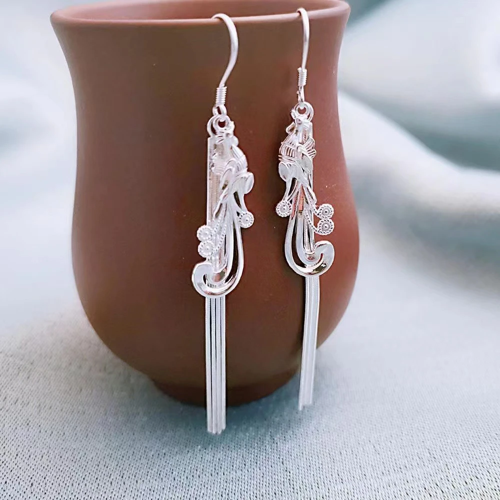 足银耳饰 足银990凤舞潮流时尚韩版耳环7厘米 凤凰车花流苏