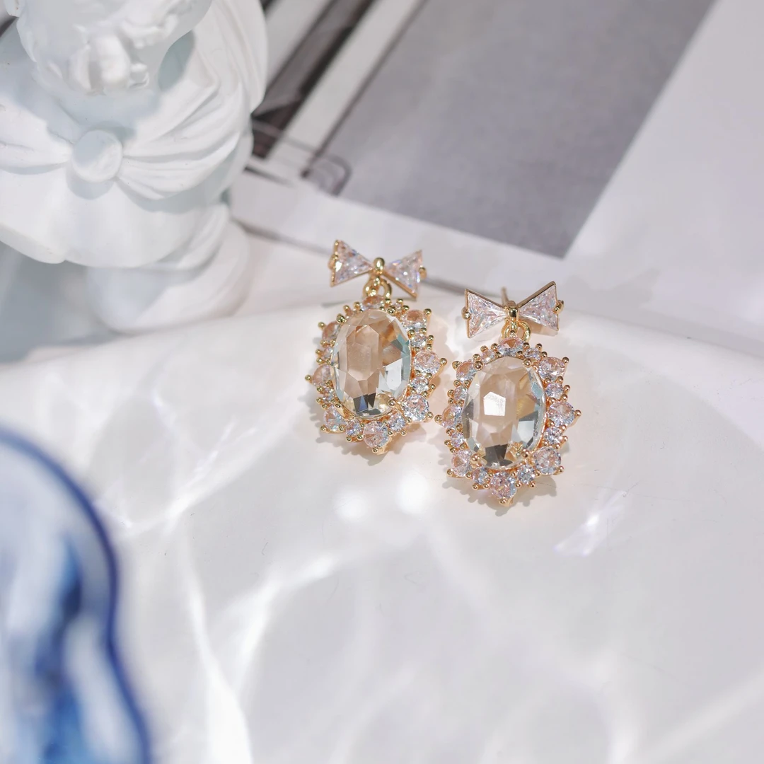 铜合金锆石耳饰 灼晔· 蝴蝶少女 蝴蝶结爆闪仿水晶耳环 千金感