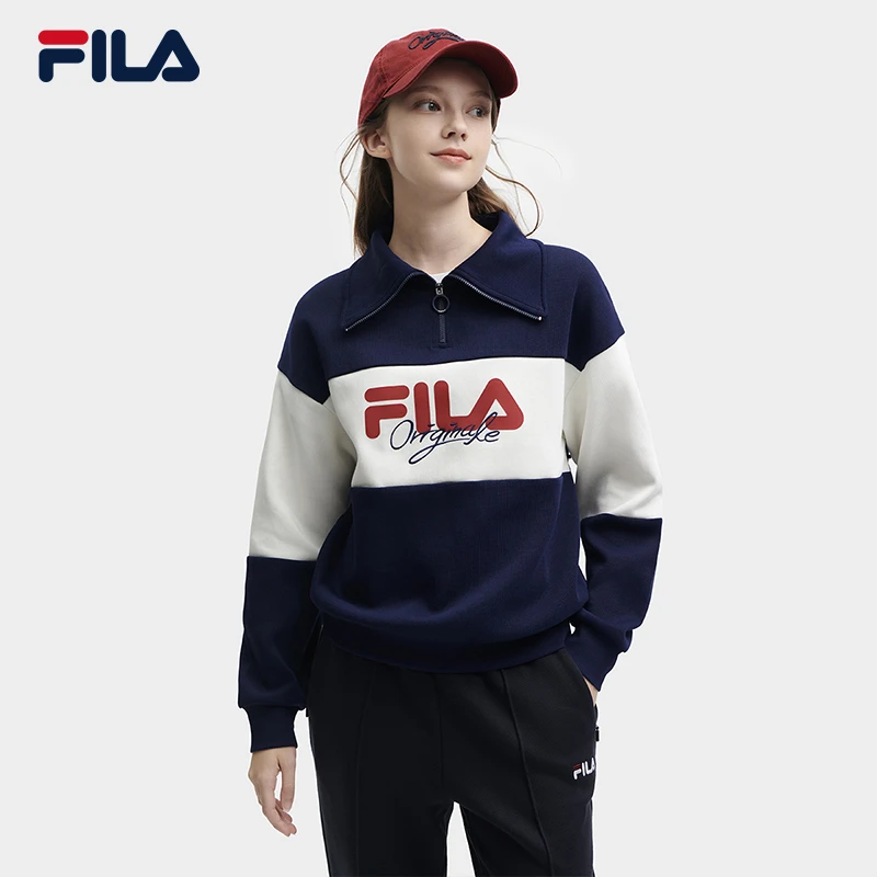 FILA斐乐2023冬新款时尚宽松撞色翻领针织长袖上衣女F11W349208F