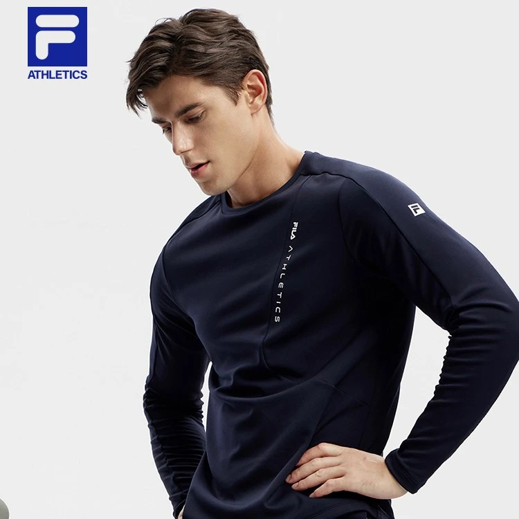 FILA 斐乐官方男子针织长袖上衣2024春季新款加绒保暖健身运动长T