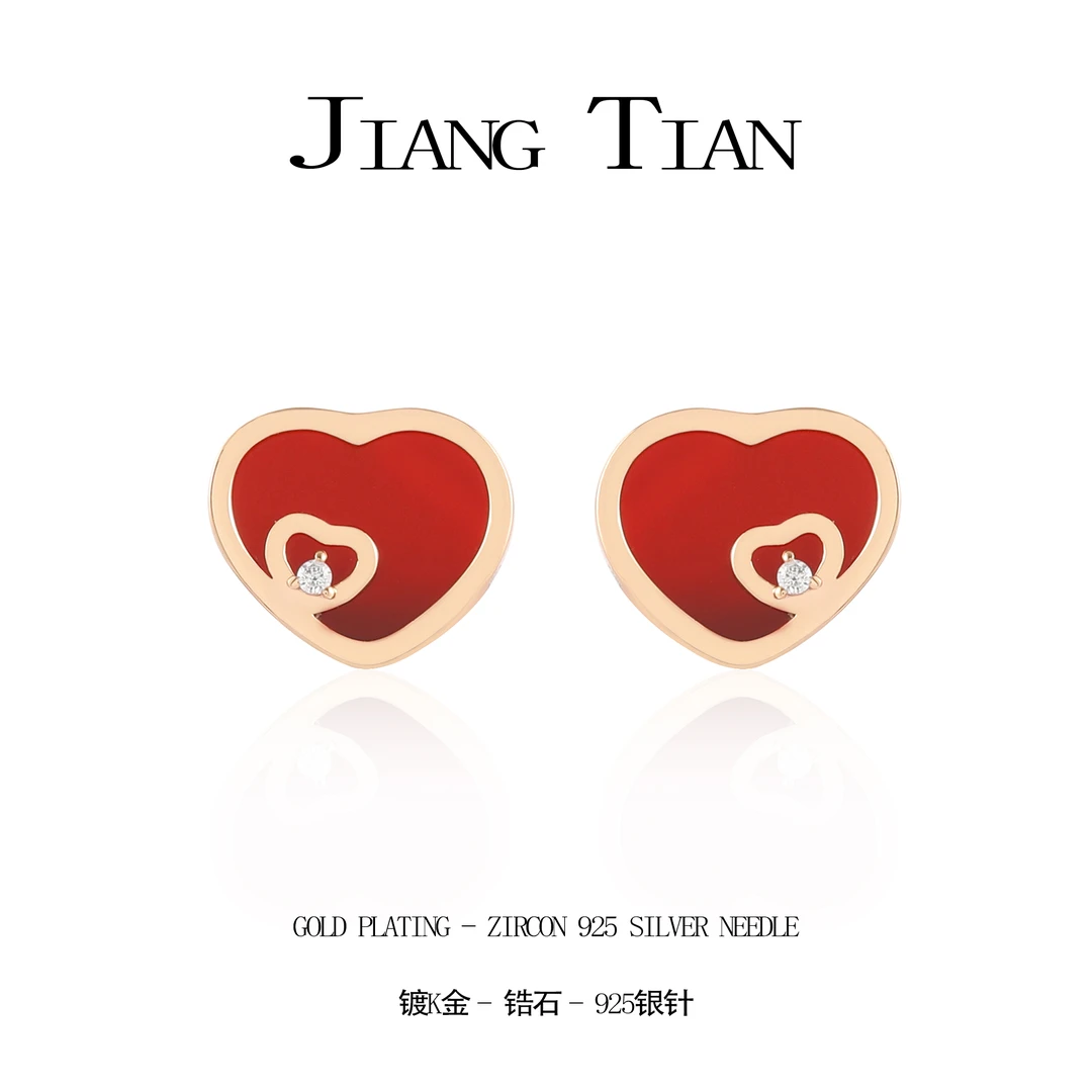 铜合金锆石耳饰 CNC精工 【心连心】气质百搭红色双面耳钉  3902
