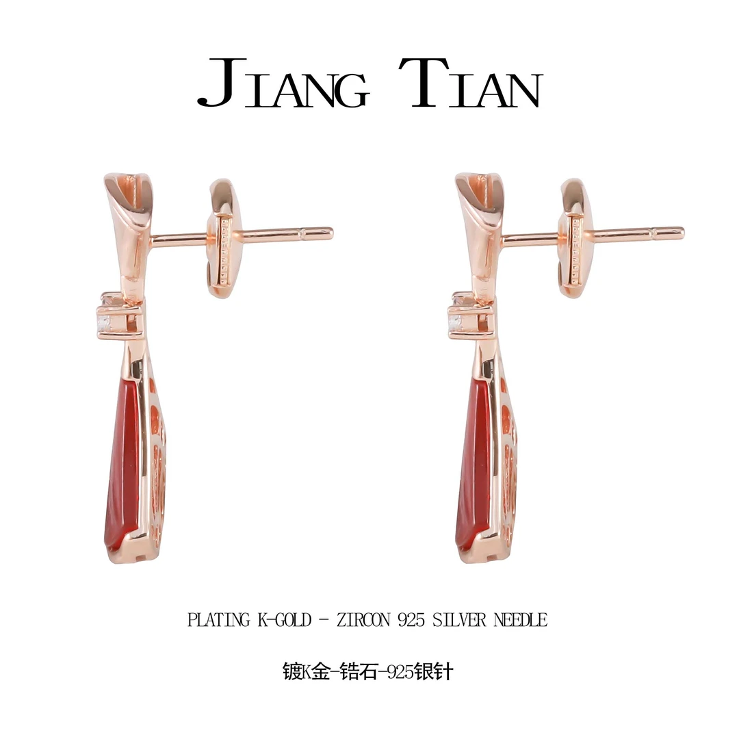 铜合金锆石耳饰 CNC精工 红色设计师长款耳钉  E4003