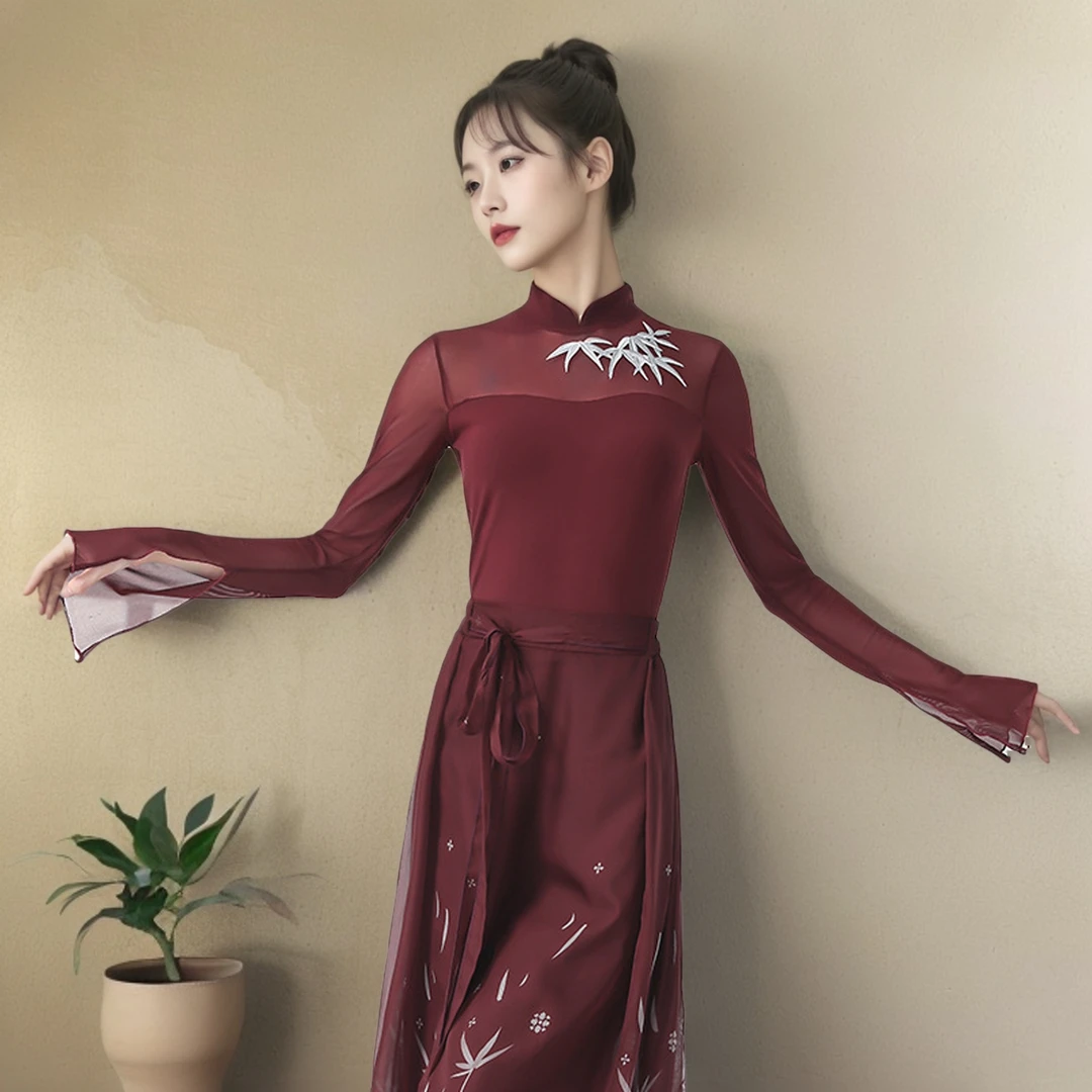 24081新中式竹叶刺绣旗袍领上衣身韵纱衣古风旗袍舞蹈上衣