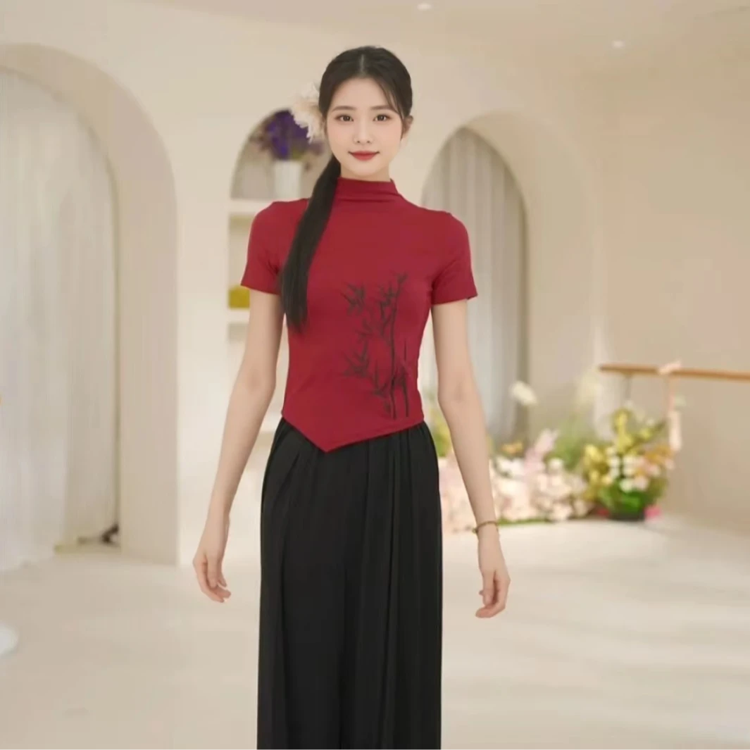 新中式国风复古刺绣现代舞练功服半高领短袖舞蹈服24617