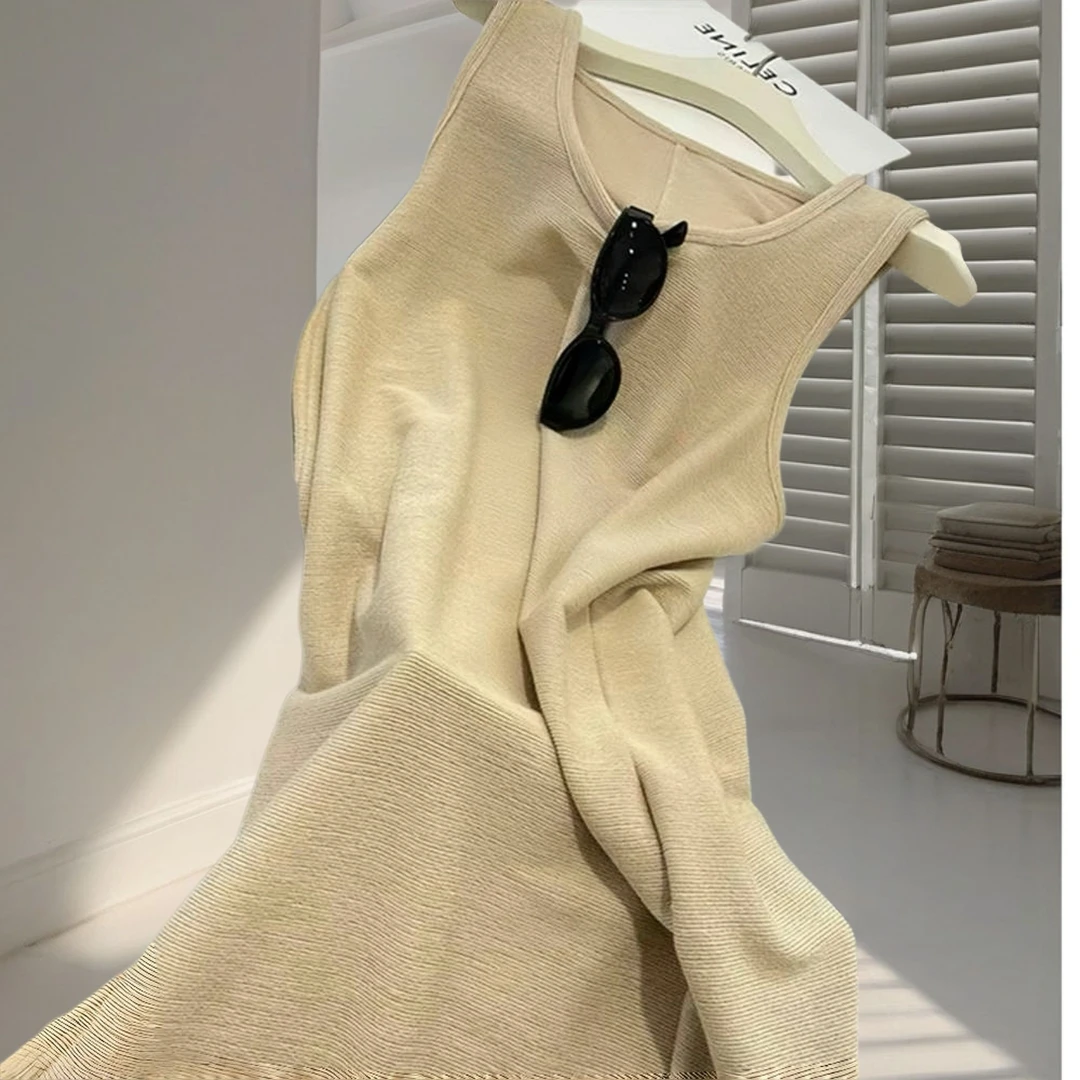 嫣奢法式肌理宽松U领吊带背心裙夏季垂感修身显瘦中长款连衣裙薄