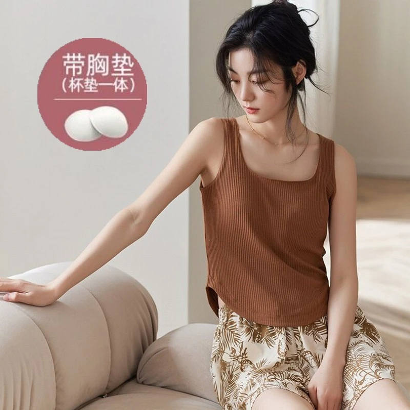 自带固定海绵胸垫一体罩杯无袖背心短裤睡衣夏季女士坎肩家居服薄