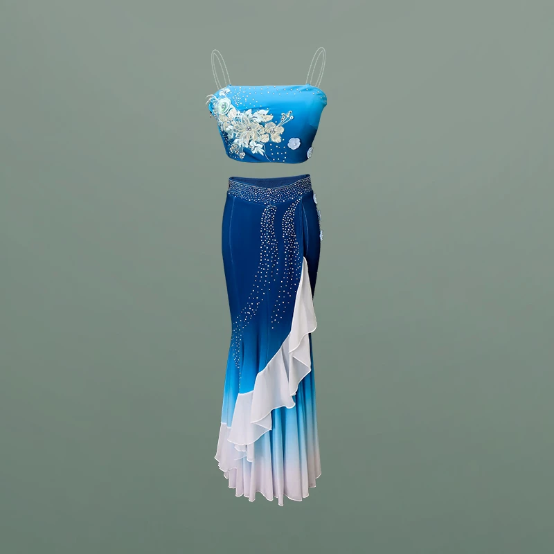 傣族舞蹈演出服女鱼尾裙艺考服练习裙飘逸裙摆包臀裙修身表演服