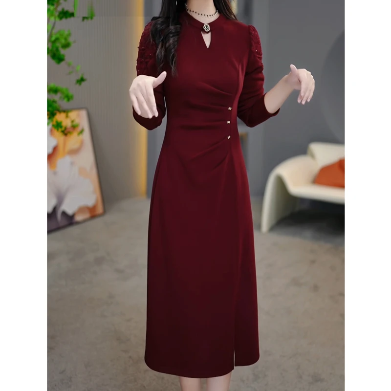 喜婆婆长袖加厚雪尼尔收腰遮肚显瘦连衣裙女秋冬法式复古婚宴裙子