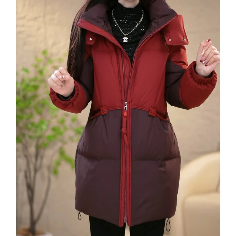 小个子妈妈红色显瘦气质保暖羽绒服女士中长款冬季大码白鸭绒外套