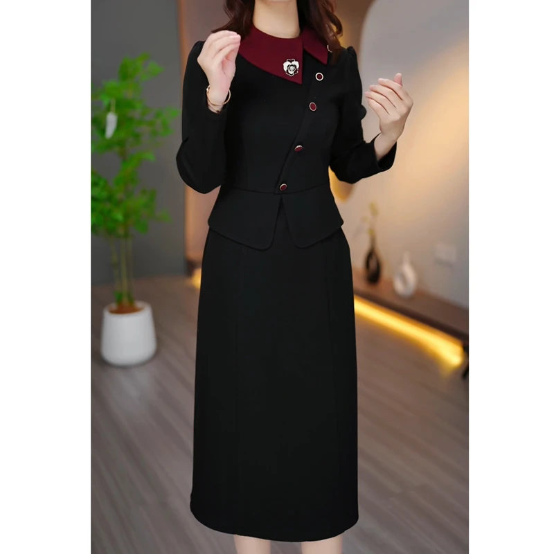 洋气妈妈长袖黑色毛呢打底连衣裙女秋冬装2024新款气质女神范裙子