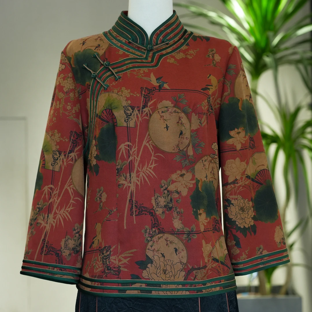 S005红底荷扇梅竹鸟春秋外翻红云纱袖头连肩立领上衣国风提花百搭