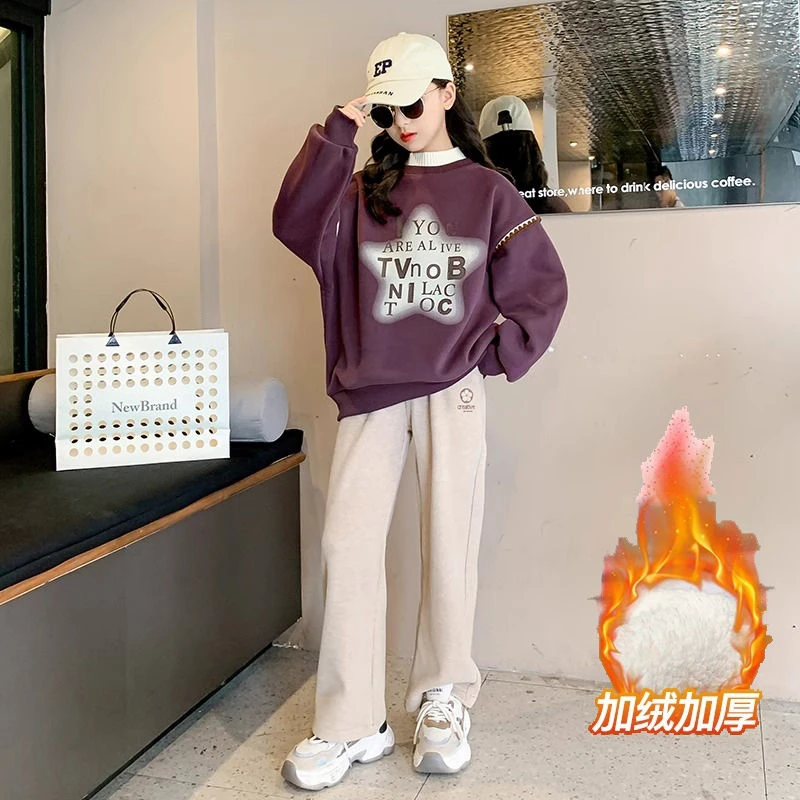女童加绒卫衣秋冬款2023新款加厚打底衫中大童一体绒上衣炸街