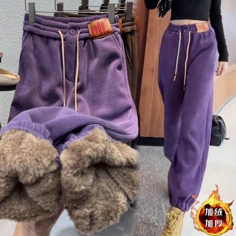 欧棉绒加绒运动裤女秋冬2022新卫裤宽松束脚休闲羊羔绒保暖棉裤子