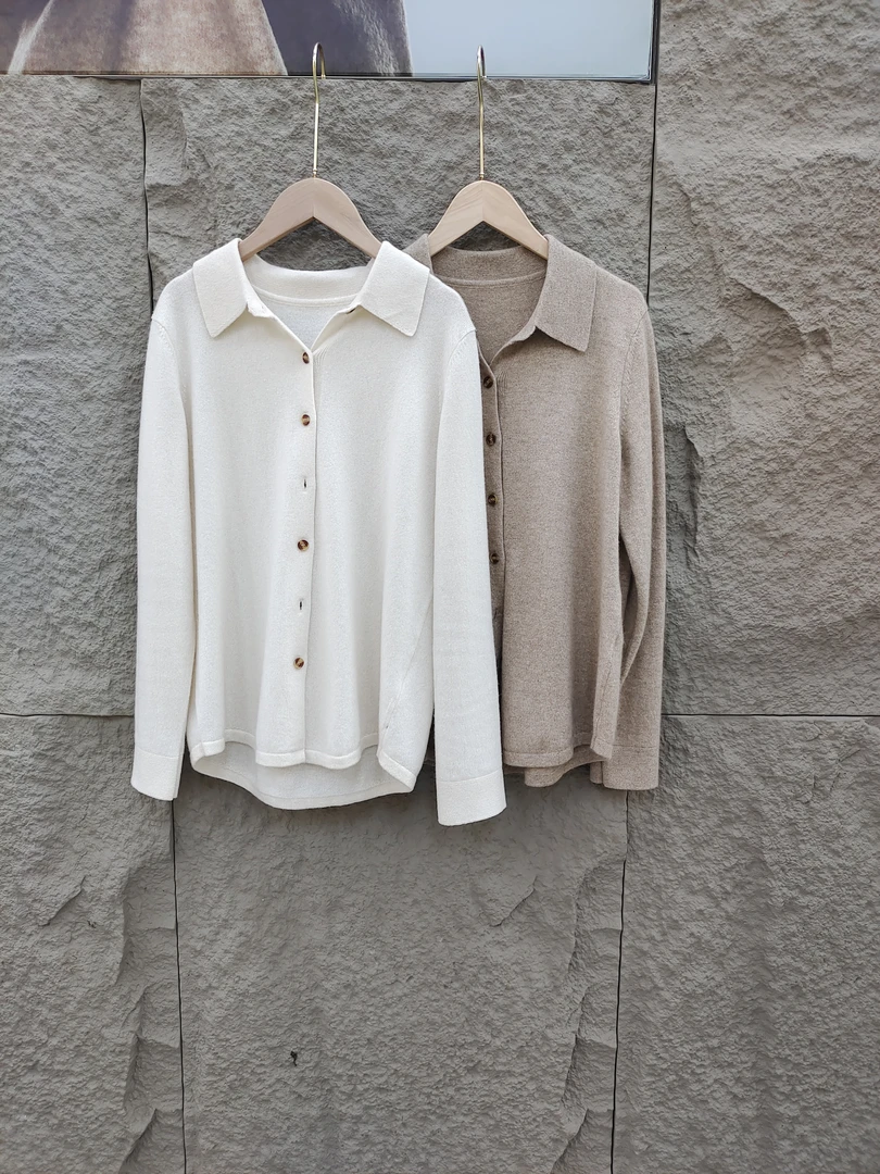 纯山羊绒秋季翻领针织衫上衣休闲百搭简约时尚打底毛衣