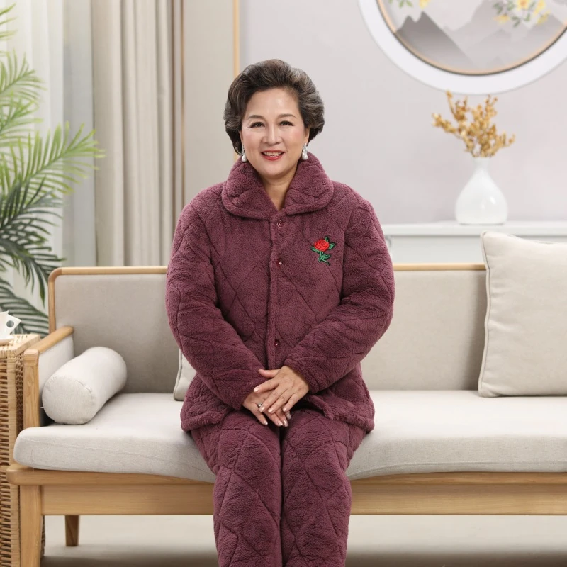 中老年人秋冬装睡衣女奶奶家居服妈妈珊瑚绒加厚老人保暖纯色套装