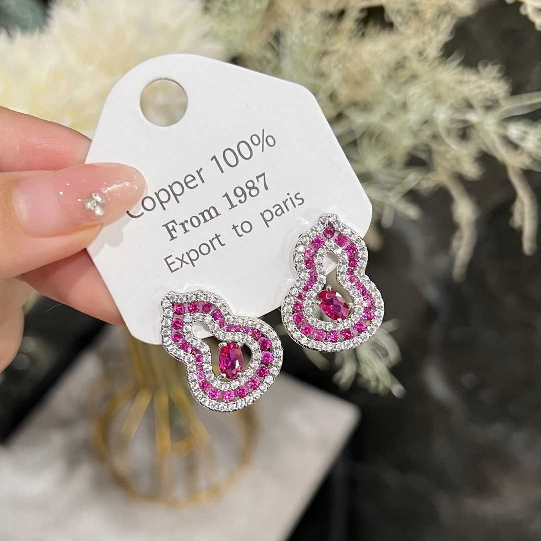 铜合金合成锆石耳饰 B559精致时尚百搭玫红色葫芦耳环
