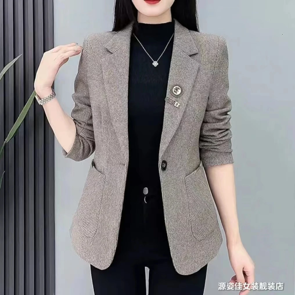 小香风一粒扣2024春季新款韩版时尚格子气质女士西装外套上衣显瘦