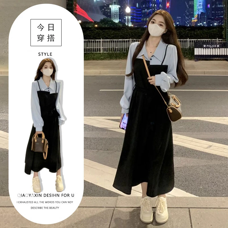 秋季法式假两件赫本风时尚长袖连衣裙女大码收腰显瘦设计感连衣裙