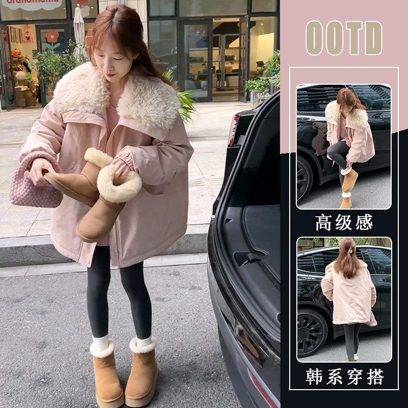 2025冬季新款韩版羊羔毛拼接大翻领夹克外套女宽松保暖派克棉服冬
