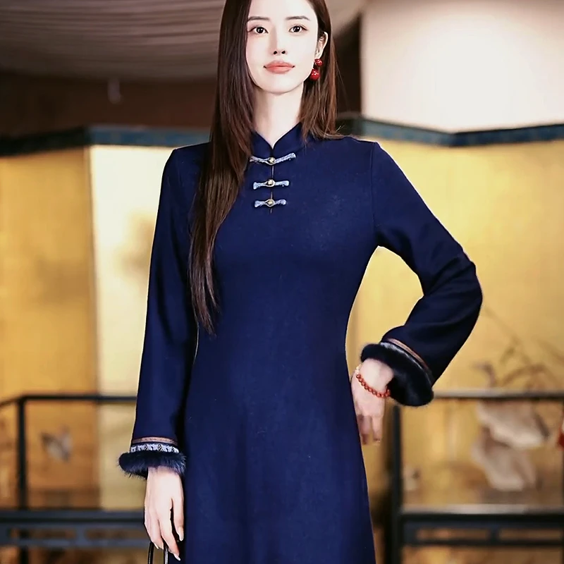 复古日记“瑾瑜”45°斜裁工艺中式显瘦超细羊毛旗袍连衣裙247L6542