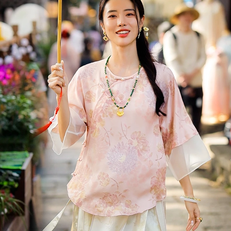 复古日记100桑蚕丝春夏季圆领新中式斜襟女士上衣小衫242C5291