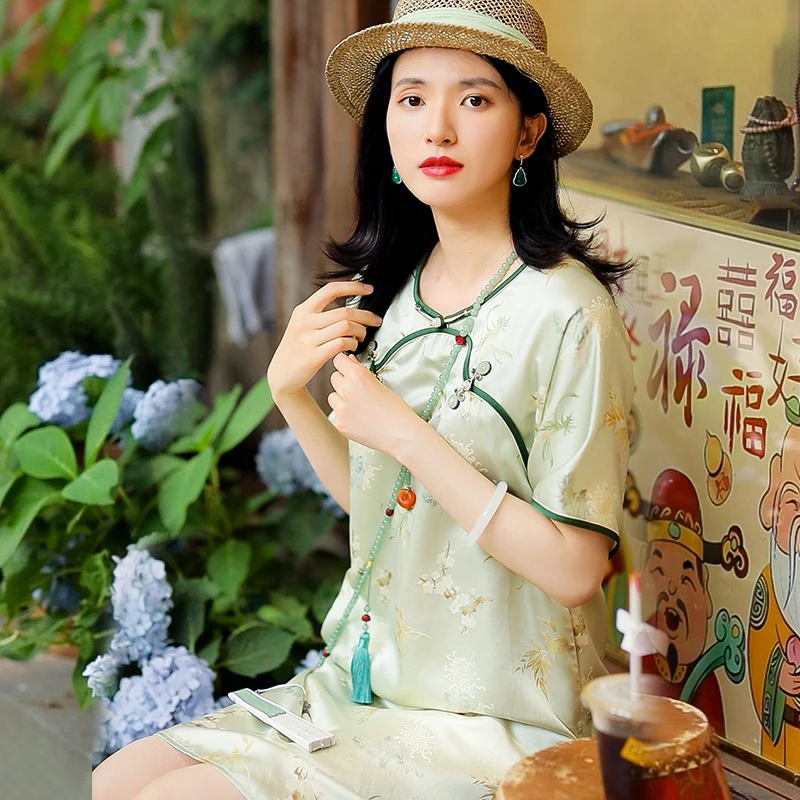 复古日记新中式桑蚕丝提花夏季中国风圆领旗袍连衣裙242L5353