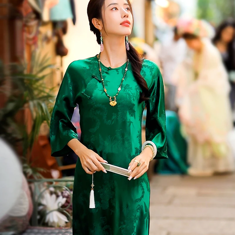 复古日记“千山翠”中式古风斜襟冠乐绉修身中国风旗袍长裙232L6930