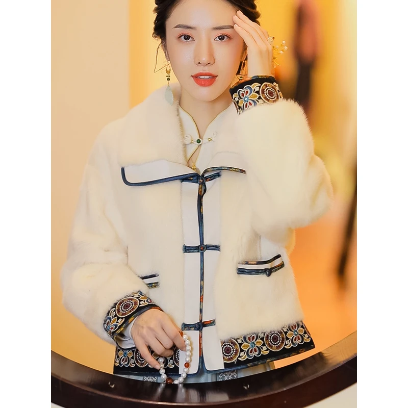 复古日记新中式假两件手工盘扣刺绣水貂毛国风秋冬轻奢外套女