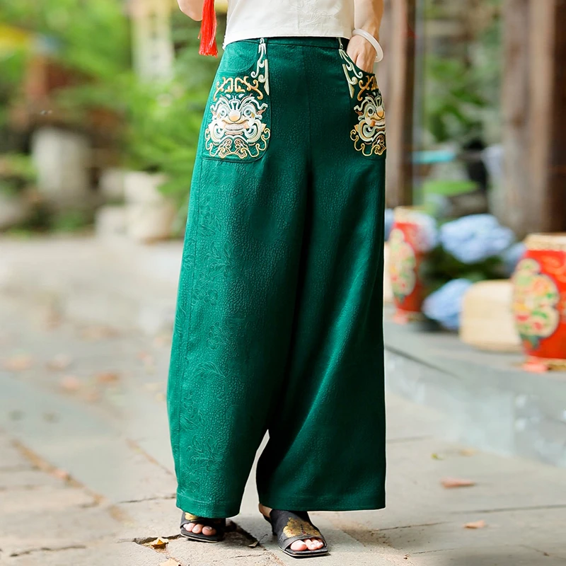 复古日记100桑蚕丝香云纱中式休闲绿色绣花双面穿女裤子24FKT133