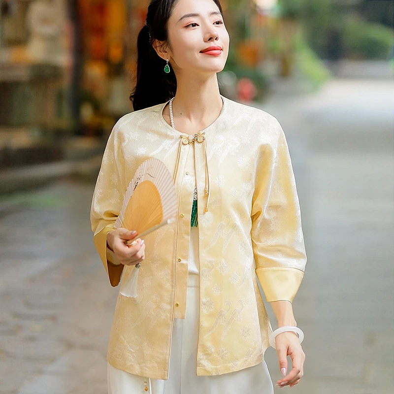 复古日记100桑蚕丝新中式圆领夏季宽松防晒空调衫外套女242W7234