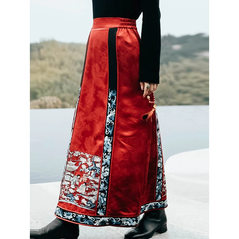 复古日记国风新款100桑蚕丝新中式绣花秋冬百搭长款半裙235Q5085