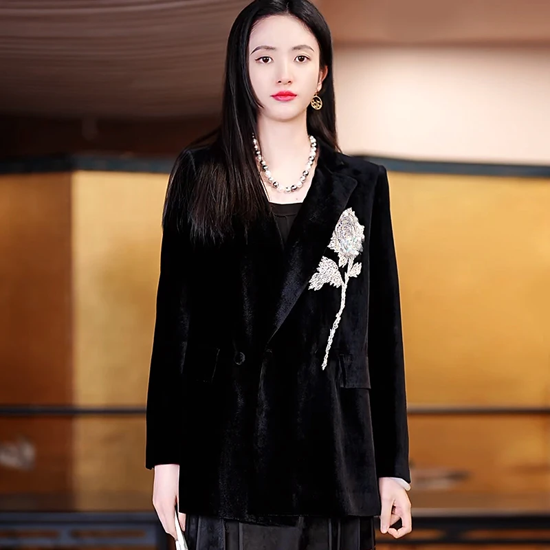 复古日记新中式时尚休闲女士西装秋冬黑色长袖上衣外套24EW173