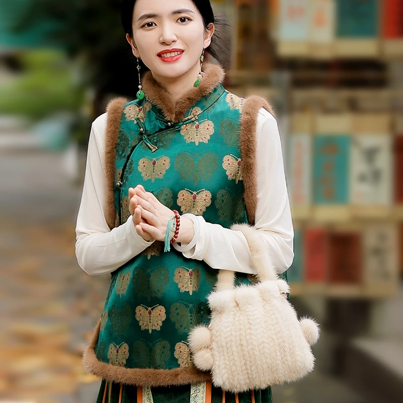 复古日记“金蝶”五重维宋锦！双面穿进口水波纹貂毛毛领马甲24HE292