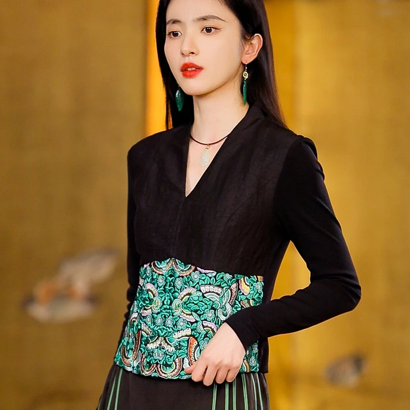 复古日记100桑蚕丝新中式长袖气质黑色显瘦V领中国风T恤24ET148