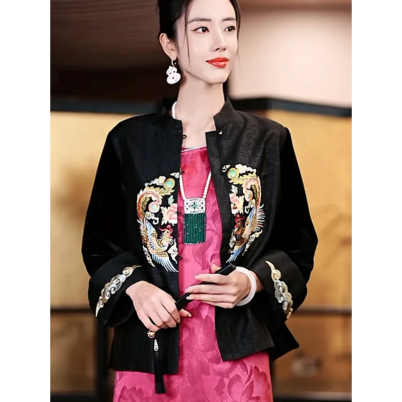 复古日记100桑蚕丝新中式黑色短款时尚休闲国风长袖短外套24EW209