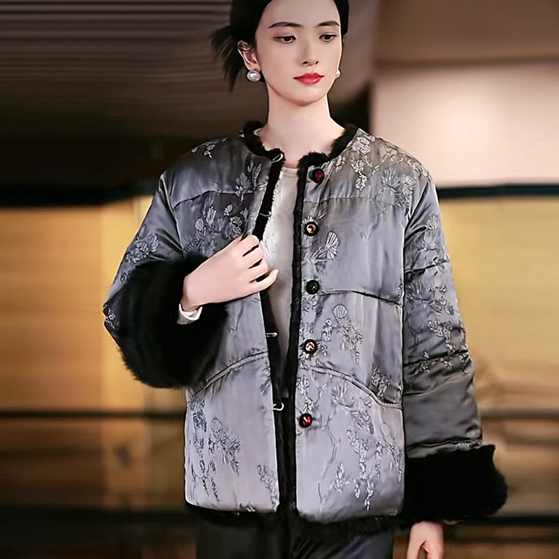 复古日记“松柏”两面穿獭兔皮毛国风植物丝提花鸭绒外套24HR260